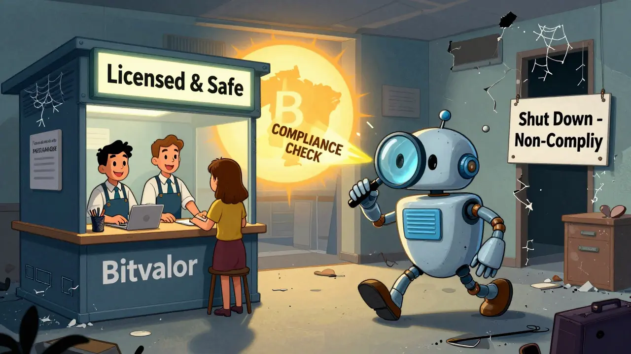 A licensed exchange thrives while a non-compliant one crumbles, watched by a compliance robot.