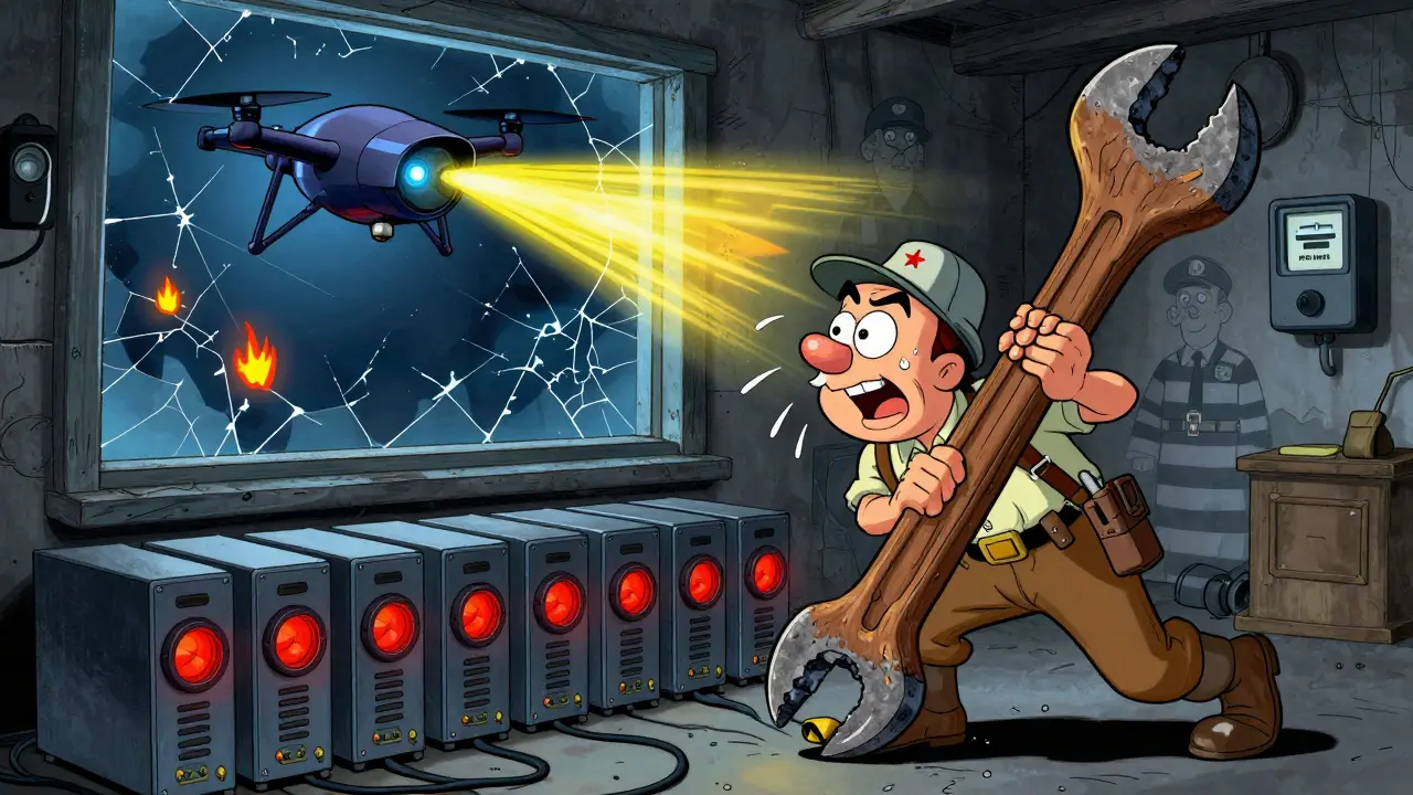 A miner frantically unplugs rigs as police sirens flash and an AI drone scans heat signatures in a basement.