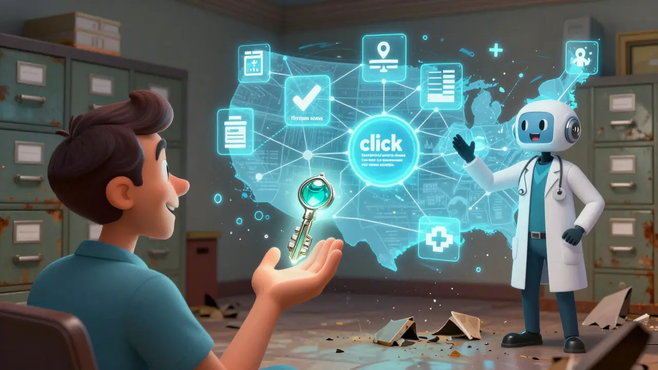A patient using a glowing blockchain key to share medical data with doctors via holographic nodes, while a robot smart contract clicks to revoke access.