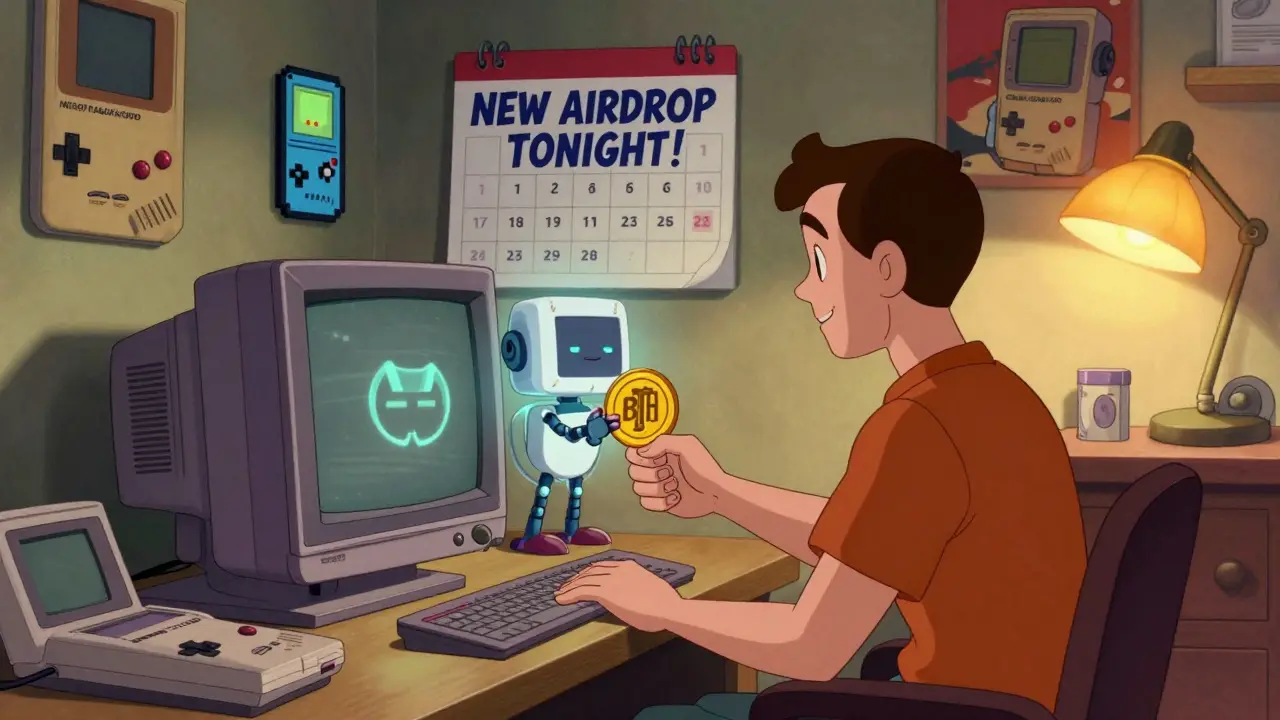 A player connecting their wallet to a friendly robot mascot in a cozy retro gaming room.