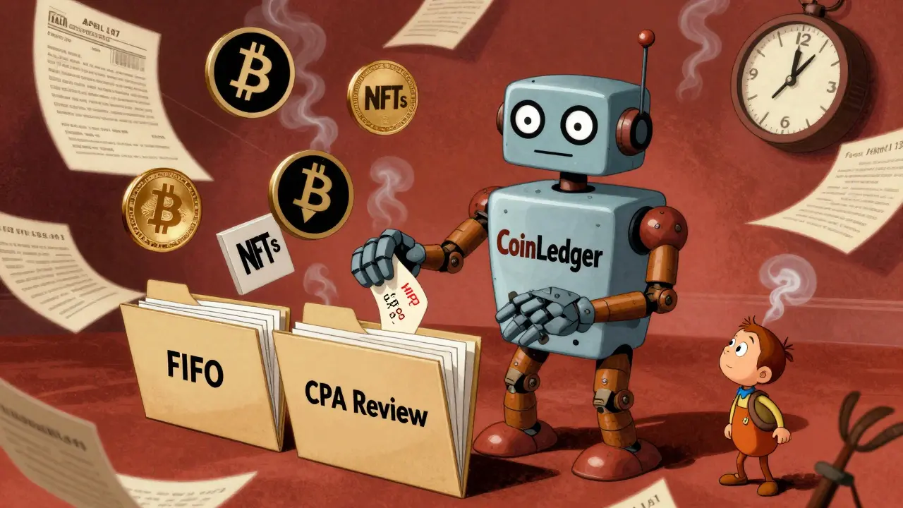 A robot named CoinLedger organizes chaotic crypto transactions into tax forms with animated energy.