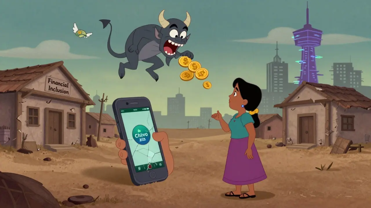 A rural woman staring at a frozen Chivo Wallet app as Bitcoin coins vanish in cartoonish style.
