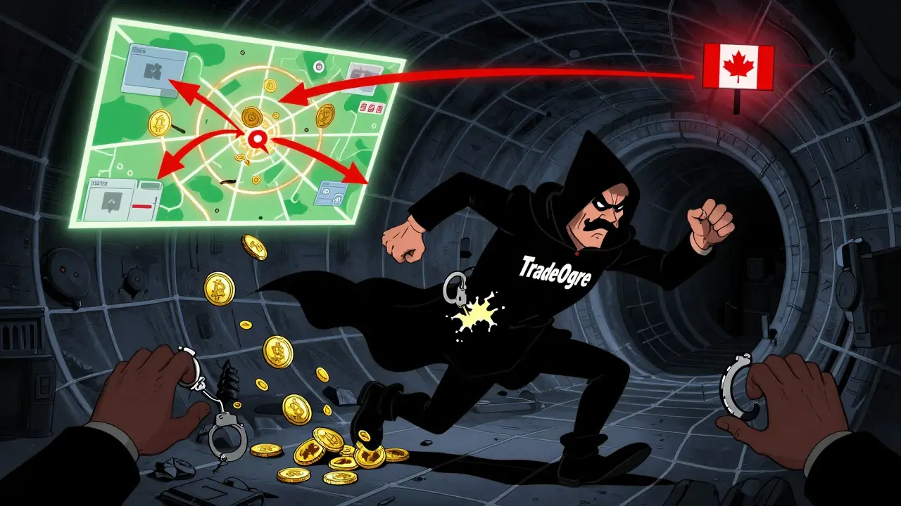 A shadowy villain flees through Tor tunnels as crypto coins turn into handcuffs.