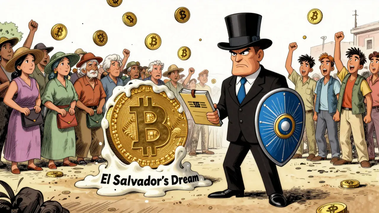 A symbolic battle between IMF official and melting Bitcoin statue, with empty-wallet villagers watching.