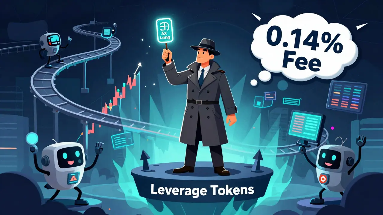 A trader holds a glowing leverage token as animated bots and wild chart patterns surround them in a stylized trading scene.