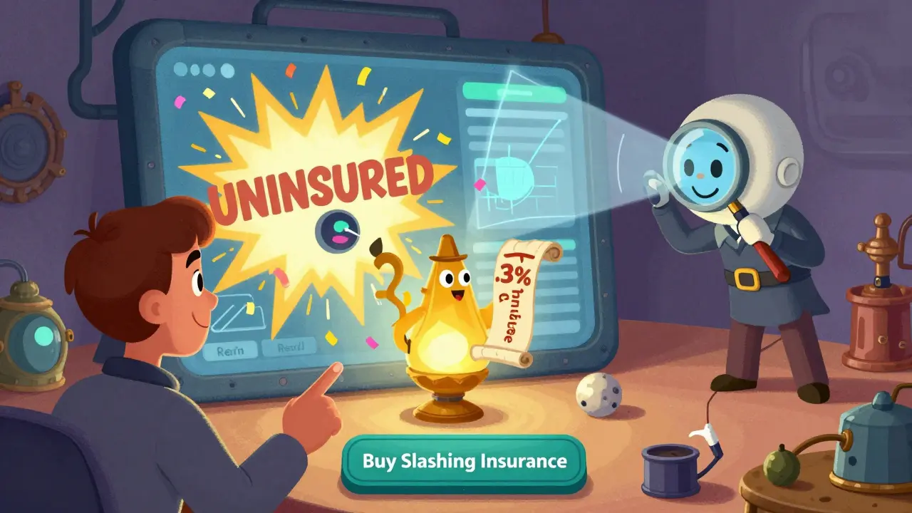 A user clicks an insurance button as a genie offers coverage, while an uninsured validator explodes behind them.