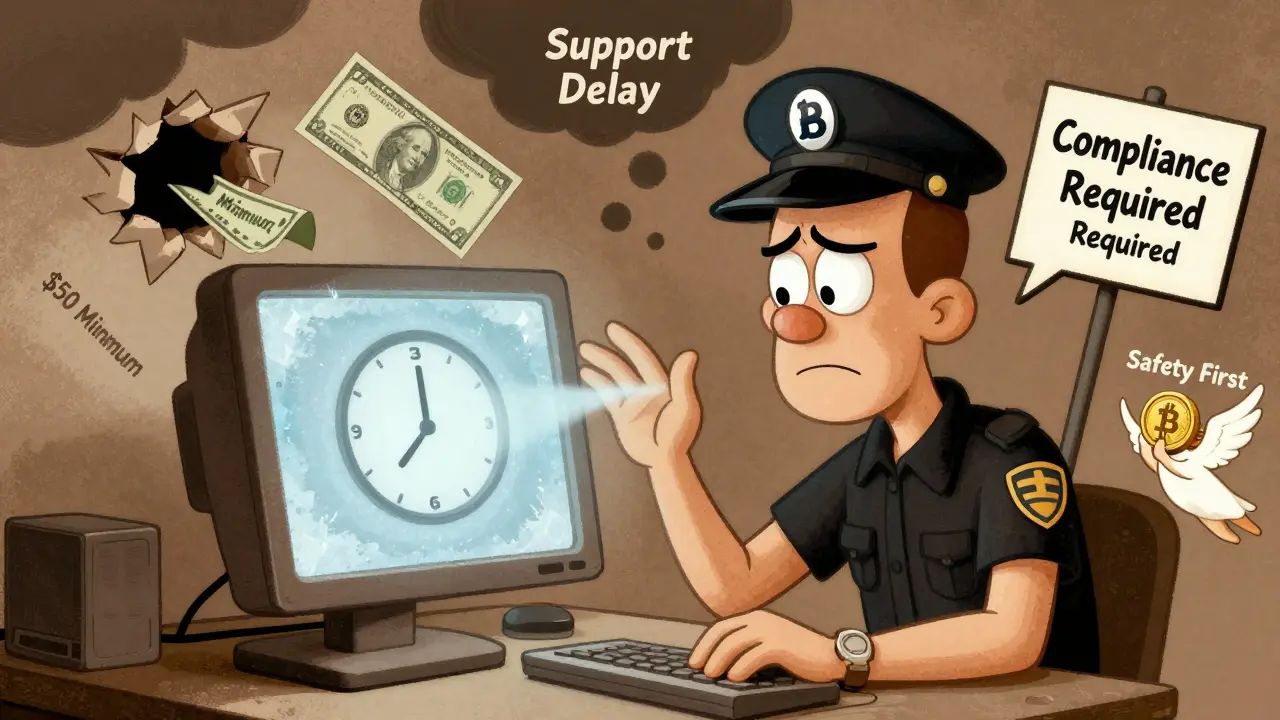 A user frustrated by a 3-day hold on crypto deposits, with a cartoon Bitbuy logo enforcing compliance rules.