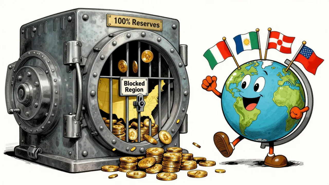 A vault of crypto coins rains down while a locked U.S. map is barred from entry, with a joyful globe dancing around.