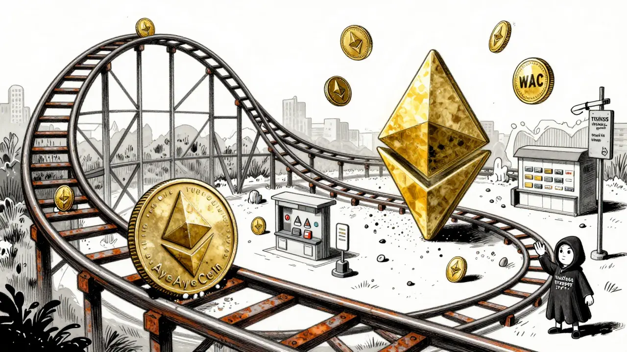 A vintage coin rests on a frozen blockchain track while a shiny wrapped token flows through modern exchanges.