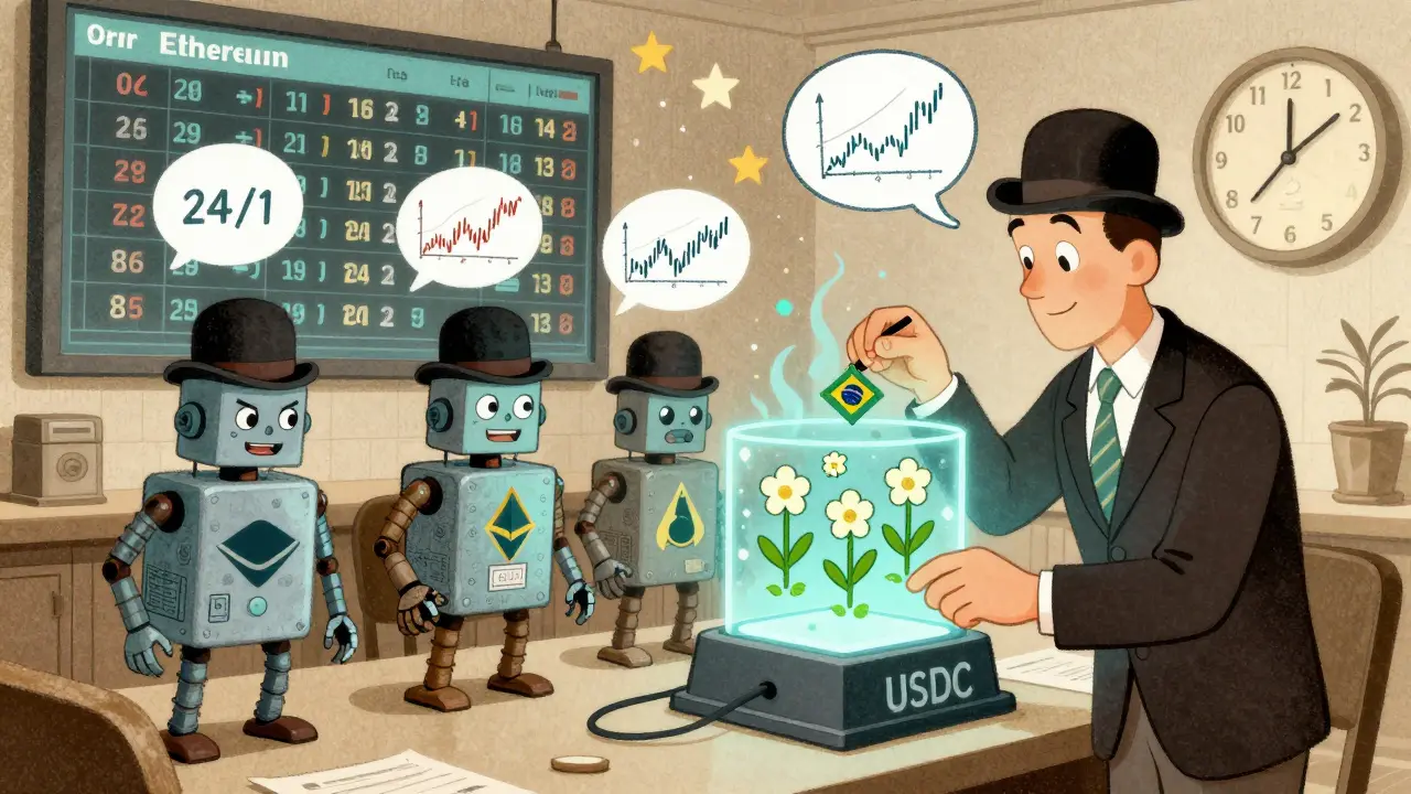 A whimsical 1930s trading floor with robots minting tokenized stocks from USDC, under a 24/7 clock with stars and moon.