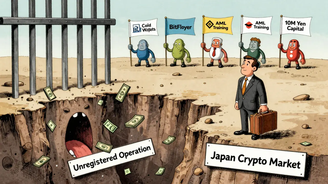 An entrepreneur stands on a cliff above a chasm labeled 'Unregistered Operation' as registered exchanges stand safely on solid ground.