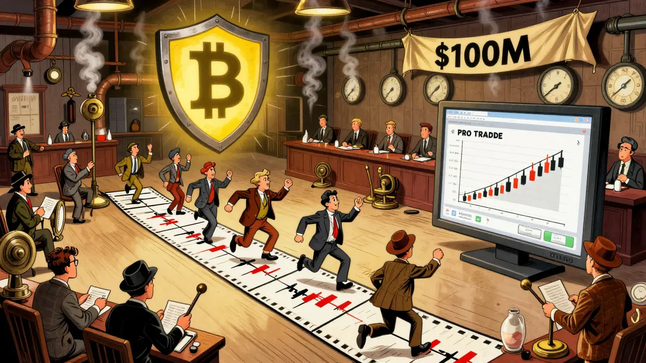 Anthropomorphic candlestick charts and vintage traders bustling at a Pro Trade exchange floor with a glowing insurance shield.