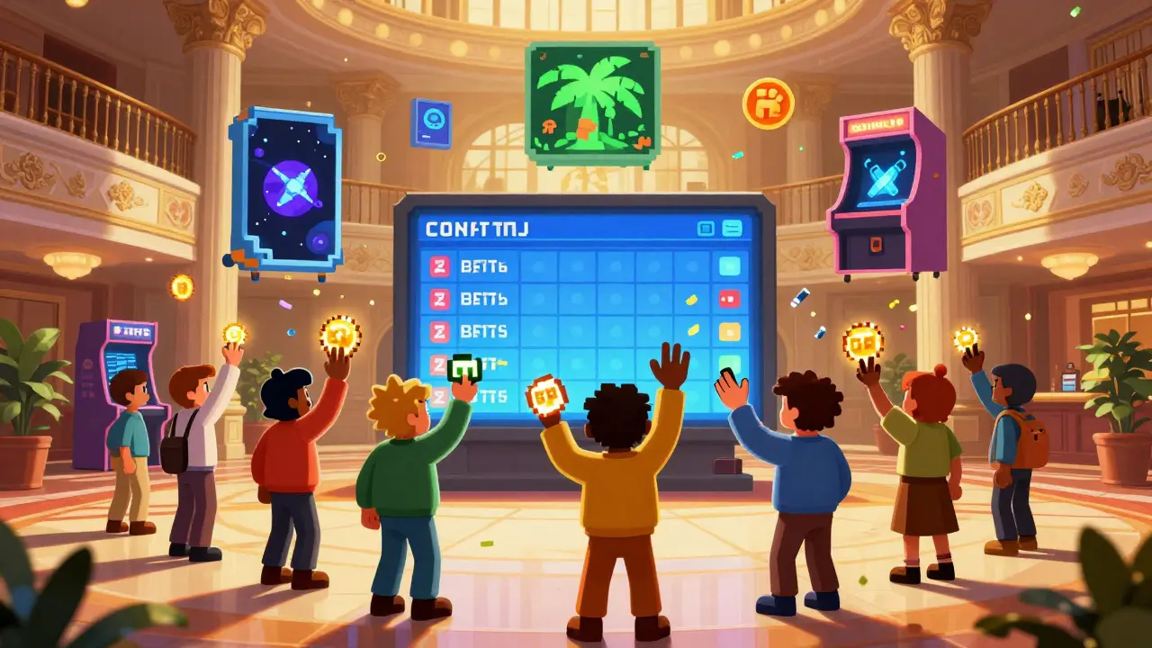 Avatars voting on a digital screen surrounded by floating NFT hotel rooms in a glowing lobby.
