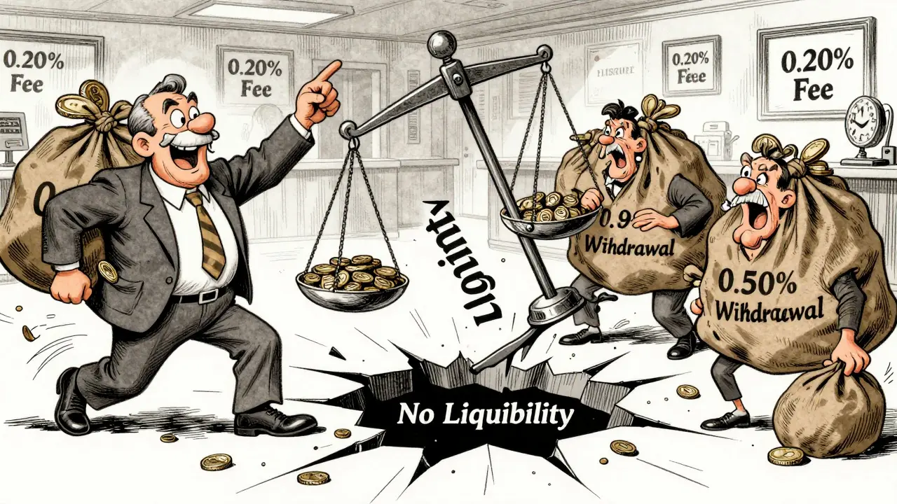 Cartoon traders on a tipping scale: buyers celebrate with zero fees while sellers collapse under fees, as the floor cracks open.