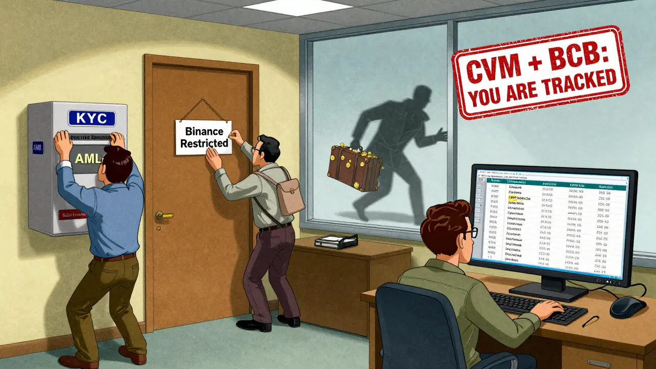 Crypto employees install compliance systems as a restricted exchange sign is posted.