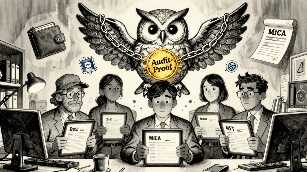 Diverse crypto users receive audit-proof stamps from a wise AI owl amid blockchain-themed surroundings.