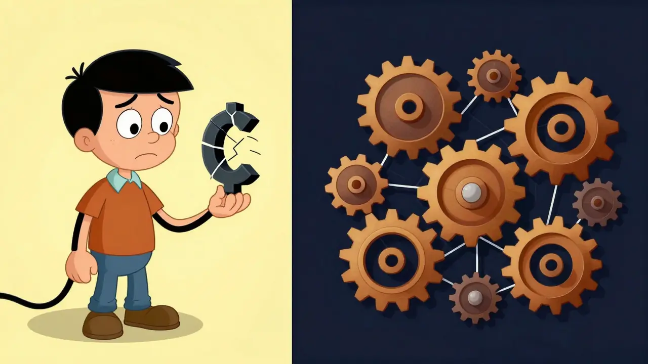 Split scene: dejected character and team building decentralized network.