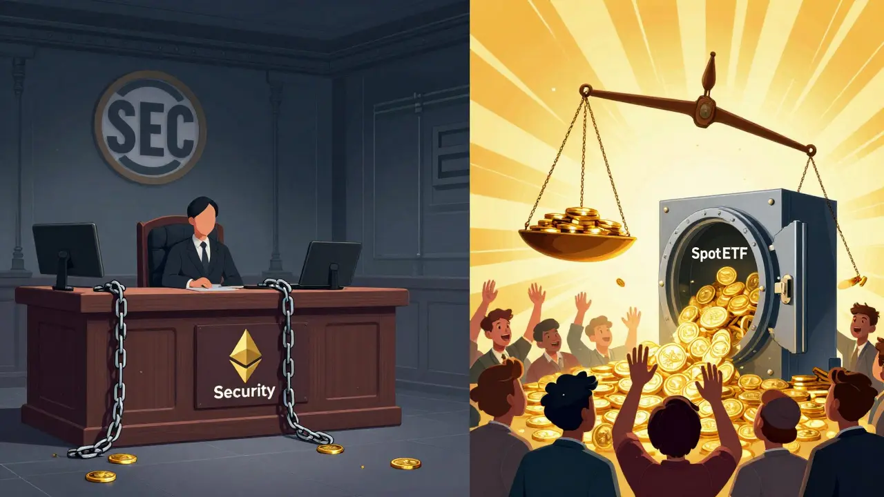 Split scene: SEC courtroom with chained tokens vs. CFTC sunlight opening an Ethereum spot ETF vault.
