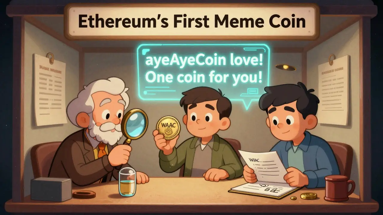 Three curious visitors examine a museum exhibit about the first Ethereum meme coin with a glowing message.