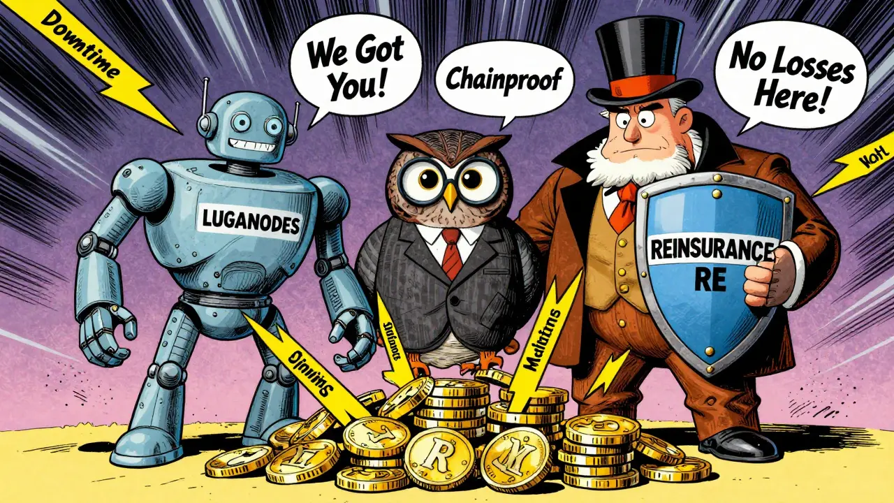 Three protective figures—robot, owl, and giant—shield staked coins from slashing bolts labeled with violation types.