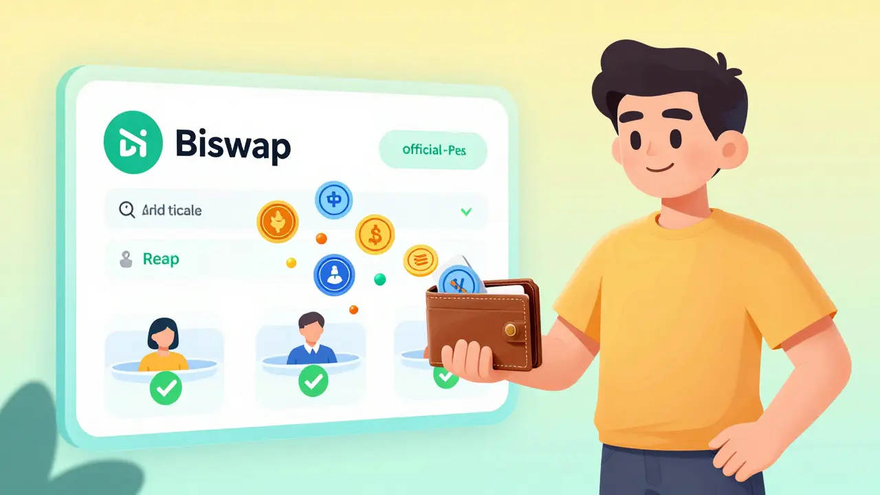 User connecting wallet to Biswap liquidity pools with token flow.