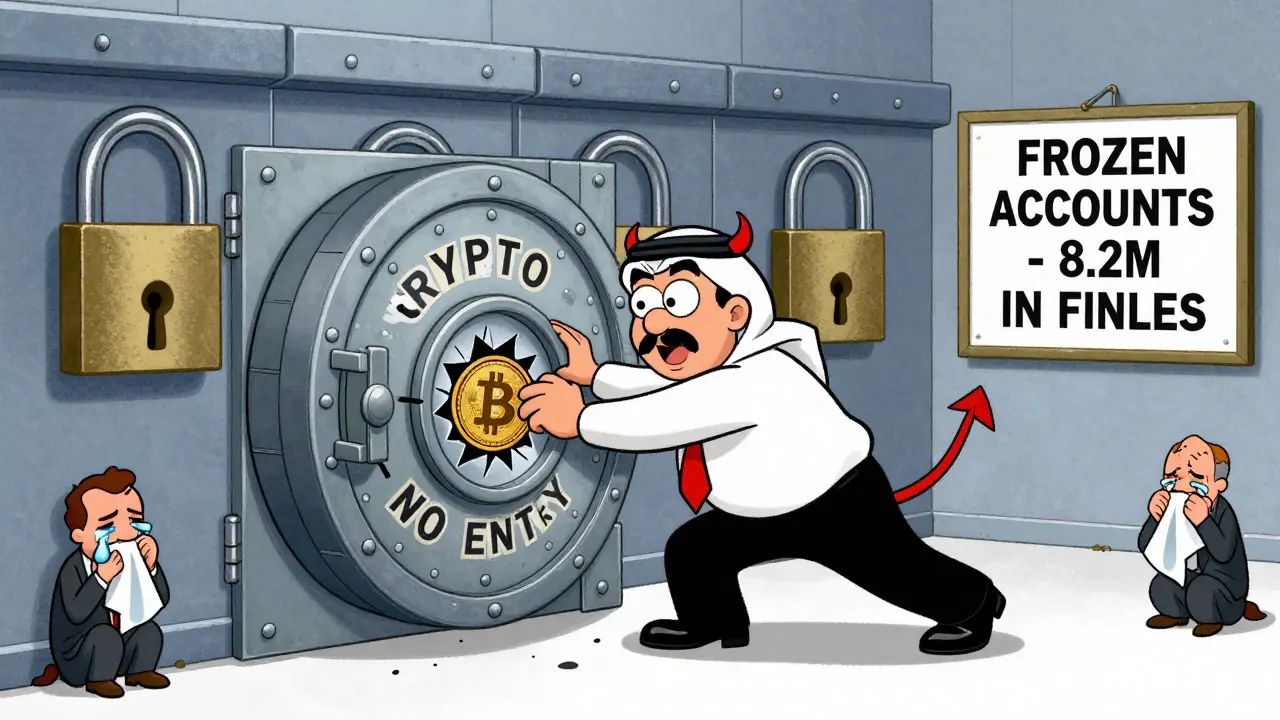 A bank teller slams a vault shut to block a cartoon Bitcoin coin from entering.