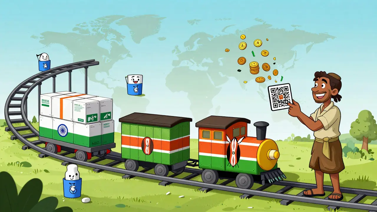 A blockchain-powered medicine shipment travels on a cartoon train with smiling validators and a smiling farmer scanning a QR code.