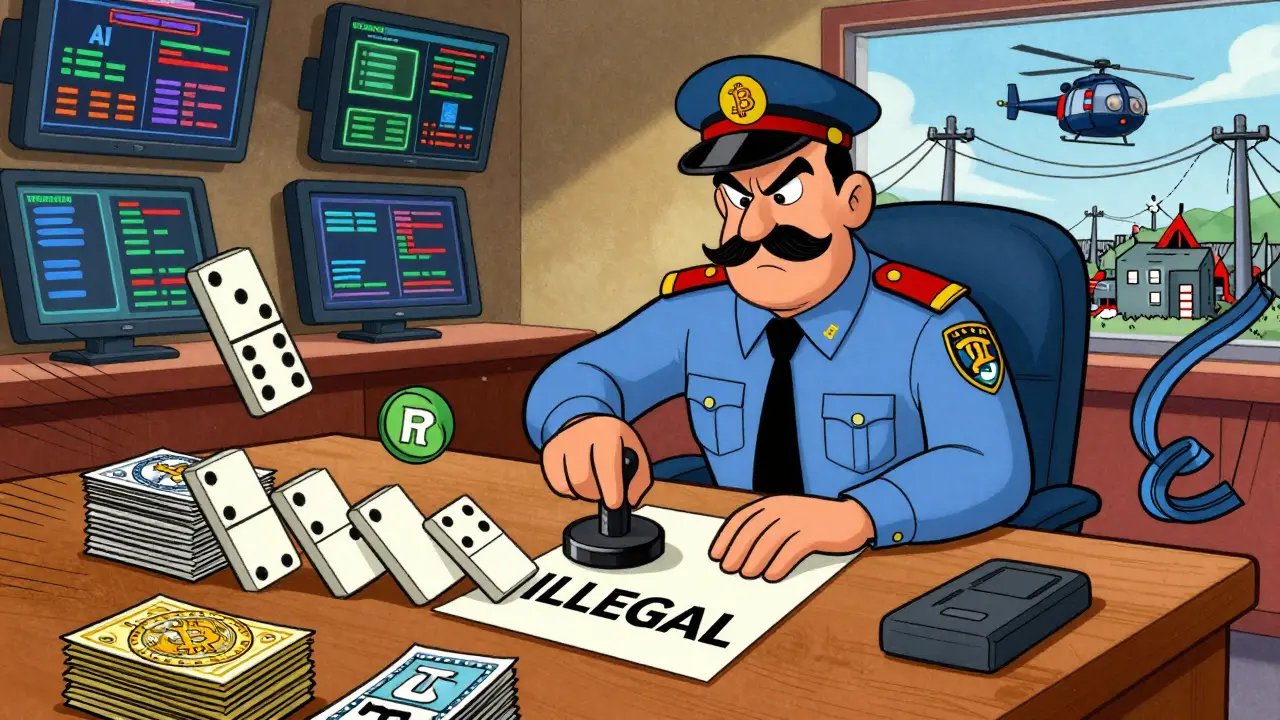 A bureaucrat stamps 'ILLEGAL' on crypto assets as AI monitors track transactions in the background.