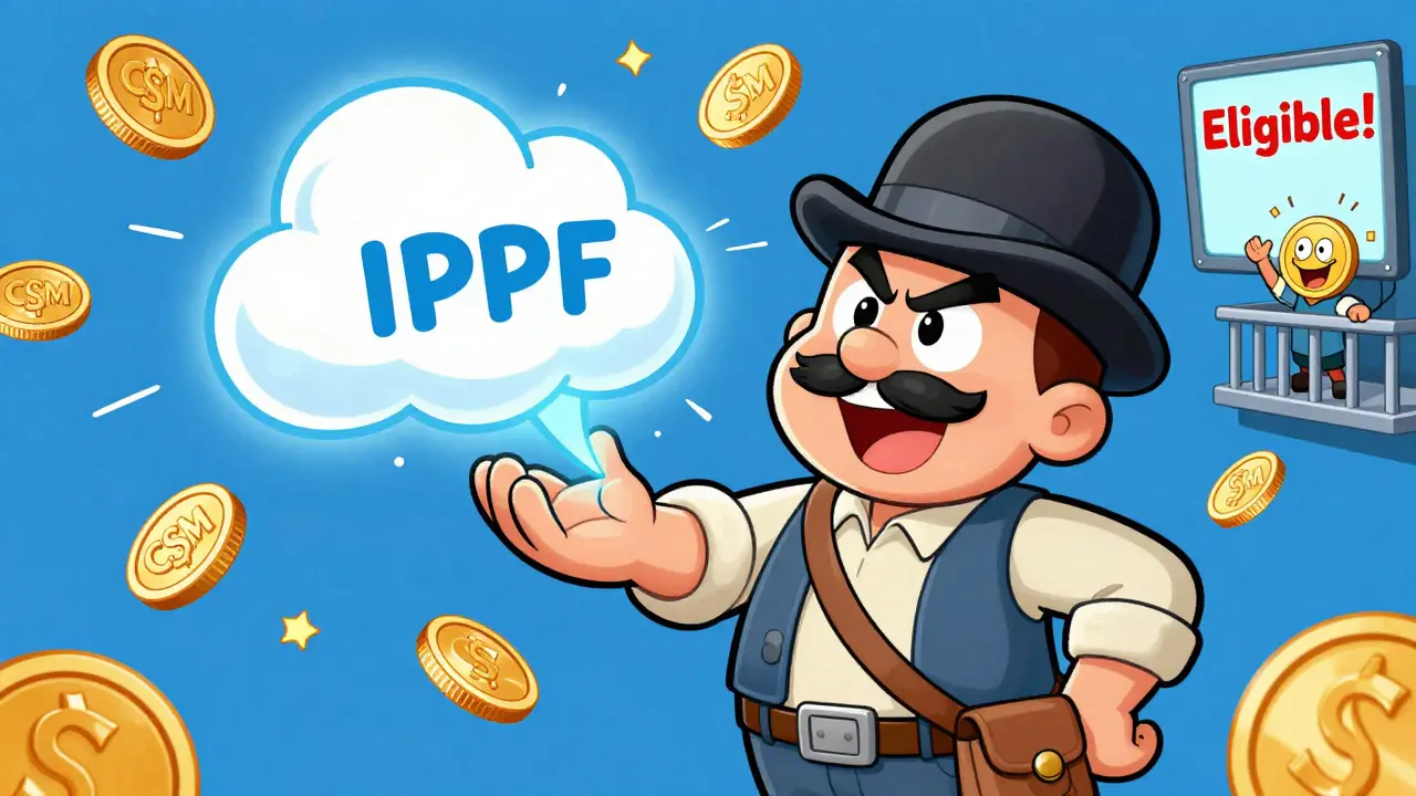 A cartoon miner uploads a file to a floating IPFS cloud while CSM coins rain down, with a dashboard showing 'Eligible!' in the corner.