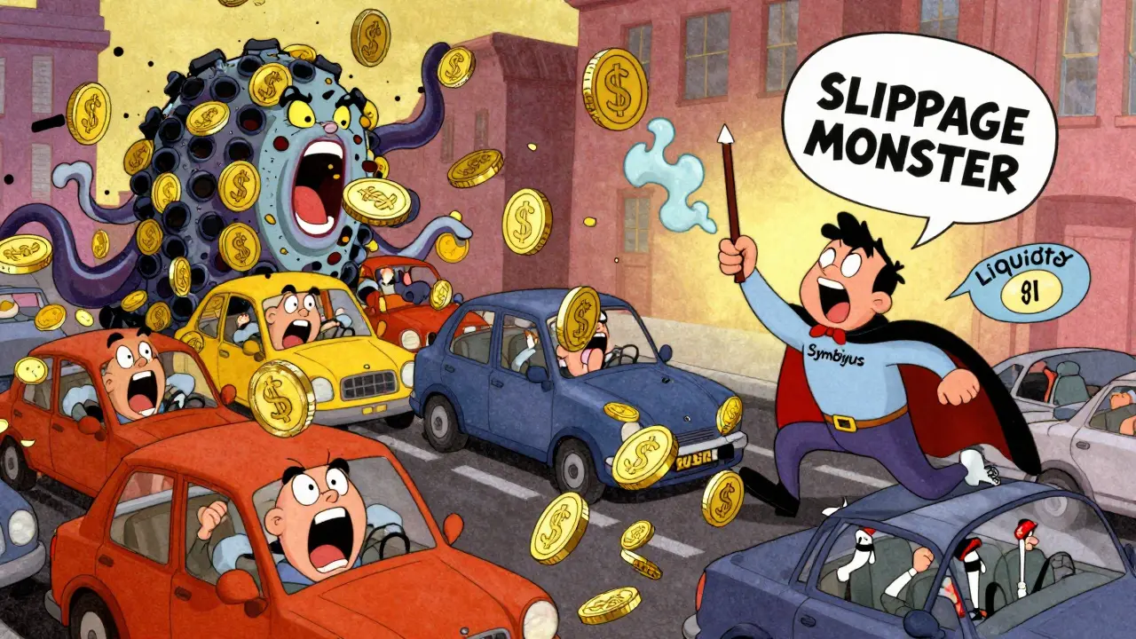 A chaotic scene with screaming coins stuck between chains, a slippage monster swallowing money, and a hero using a liquidity wand to clear the path.