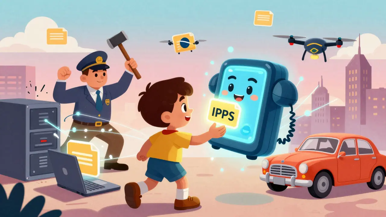 A child gives a CID to a gateway portal while the same file appears on devices worldwide, connected by shimmering lines.