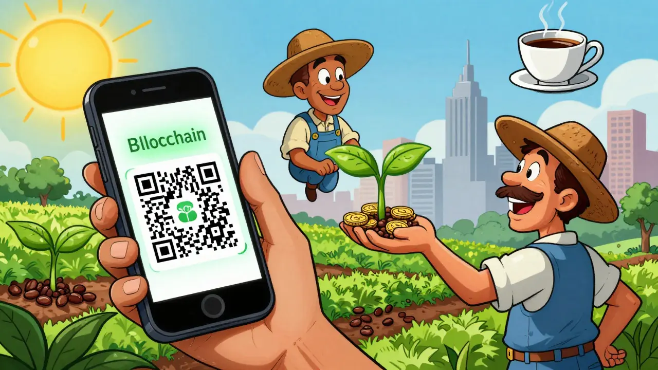 A Colombian coffee farmer shows a blockchain QR code projecting a digital journey from farm to cup.