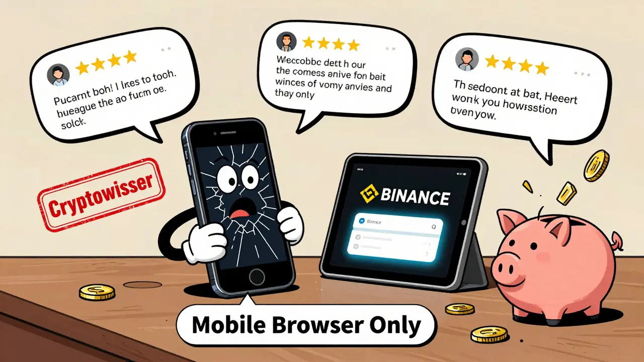 A cracked iPhone displays a mobile browser for Crex24, while legitimate exchange apps glow safely nearby, surrounded by fake reviews and scam warnings.