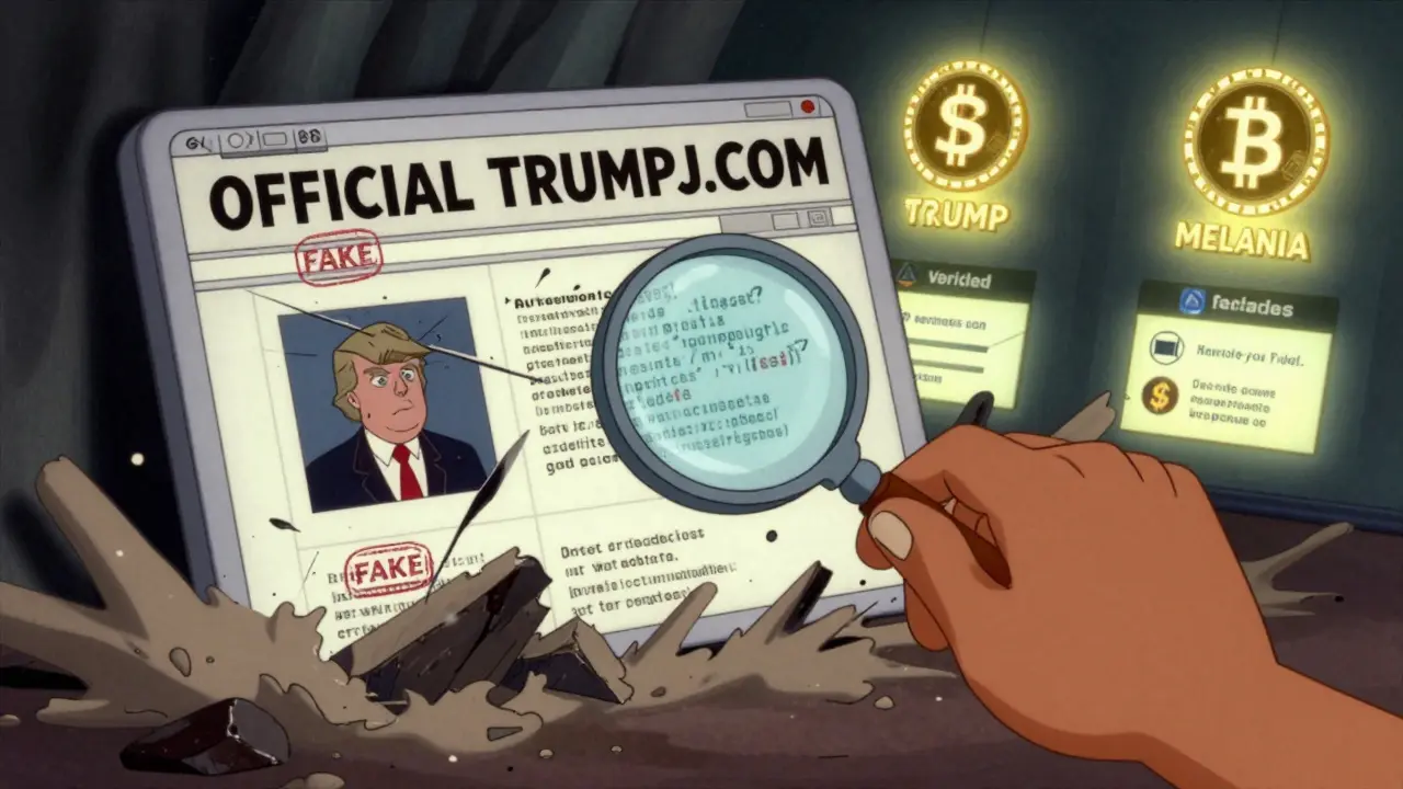 A crumbling fake crypto website collapses while real tokens like $TRUMP shine on verified exchanges.