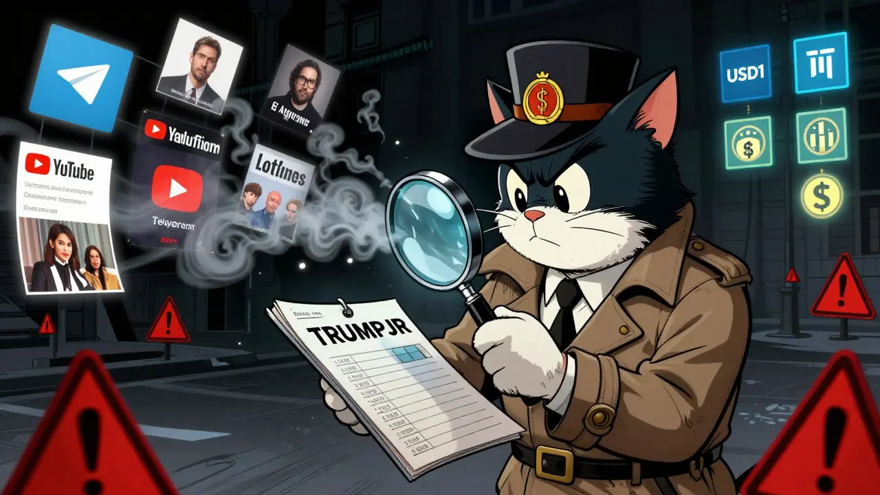 A detective cat examines a blockchain ledger showing zero activity for TRUMPJR, with fake ads dissolving behind.