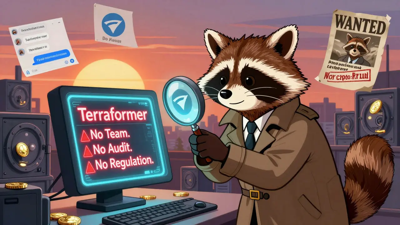A detective raccoon uncovers fraud evidence for Terraformer, with warnings and a wanted poster for the scam's origin.