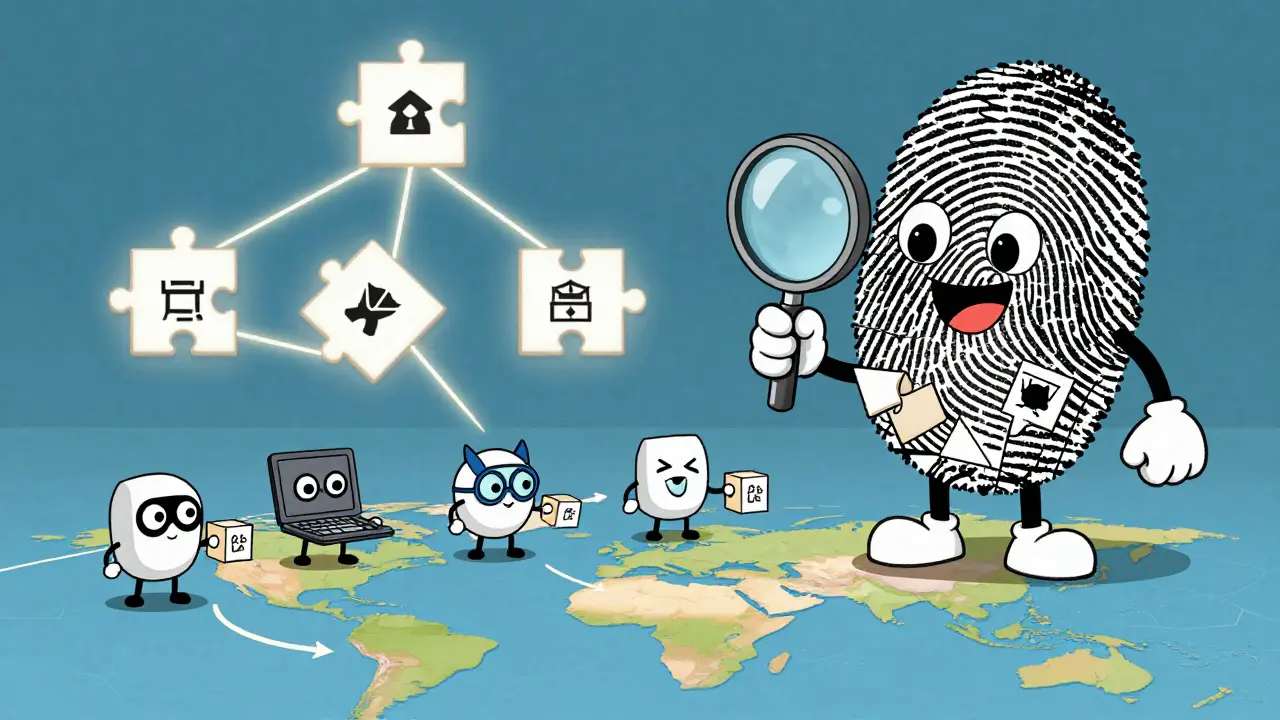 A giant fingerprint examines puzzle-like data blocks connected in a glowing Merkle DAG structure.