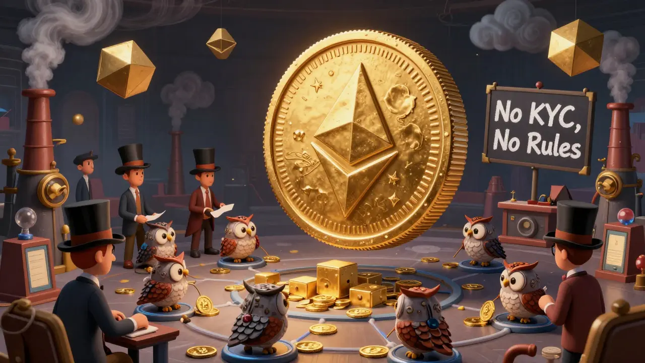 A golden BLOCK token spins above mechanical owls validating blocks in a whimsical underground trading hub.