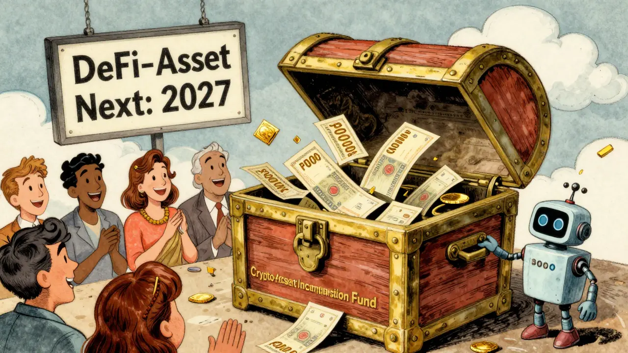 A golden compensation fund vault opens for citizens as a DeFi robot peeks out in classic Fleischer Studios style.