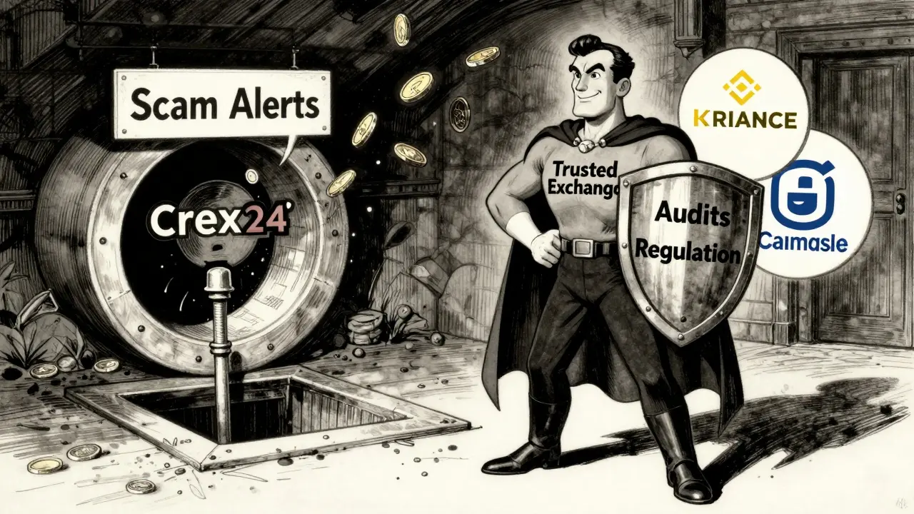 A hero stands with trusted exchanges as Crex24's logo sinks into a sewer, symbolizing its lack of transparency and regulatory compliance.