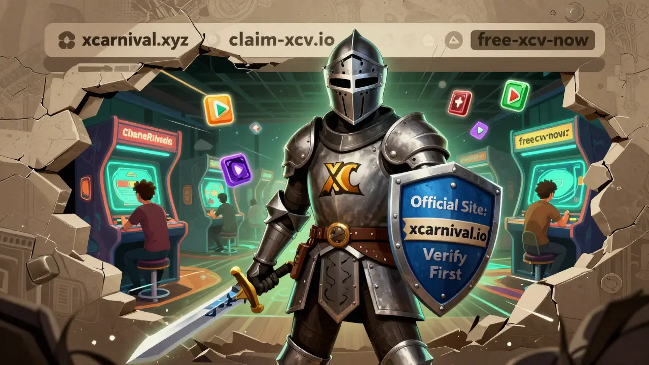 A heroic knight defending against fake websites, while real users play games in a glowing arcade.