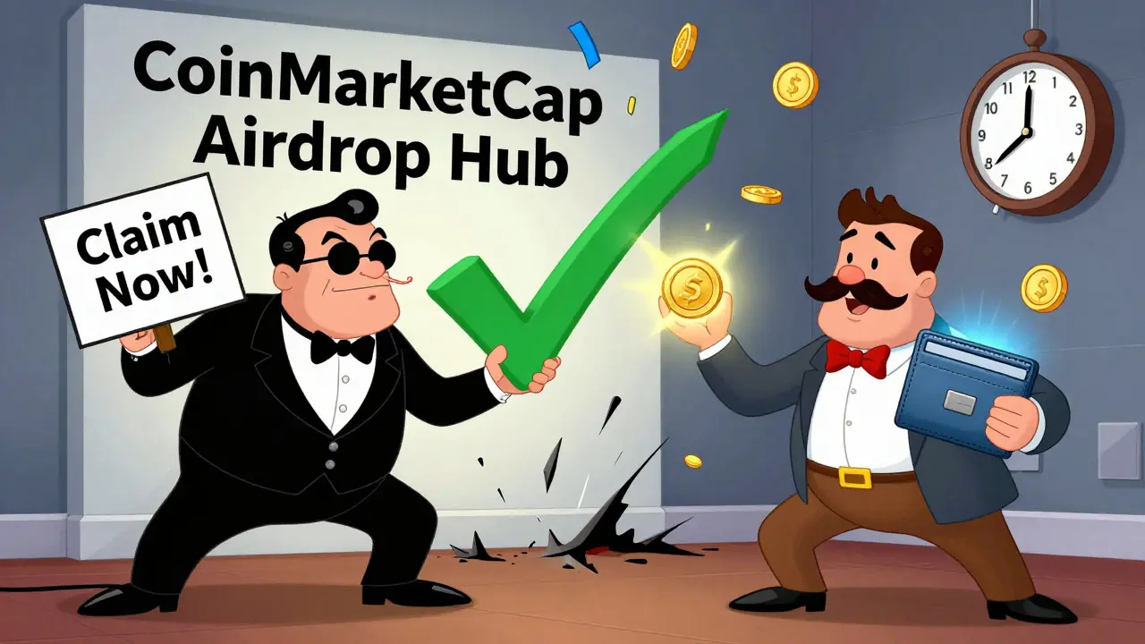 A heroic user defeats a scammer with a glowing MetaMask wallet as a giant checkmark crashes through a CoinMarketCap sign, surrounded by flying CSM coins.