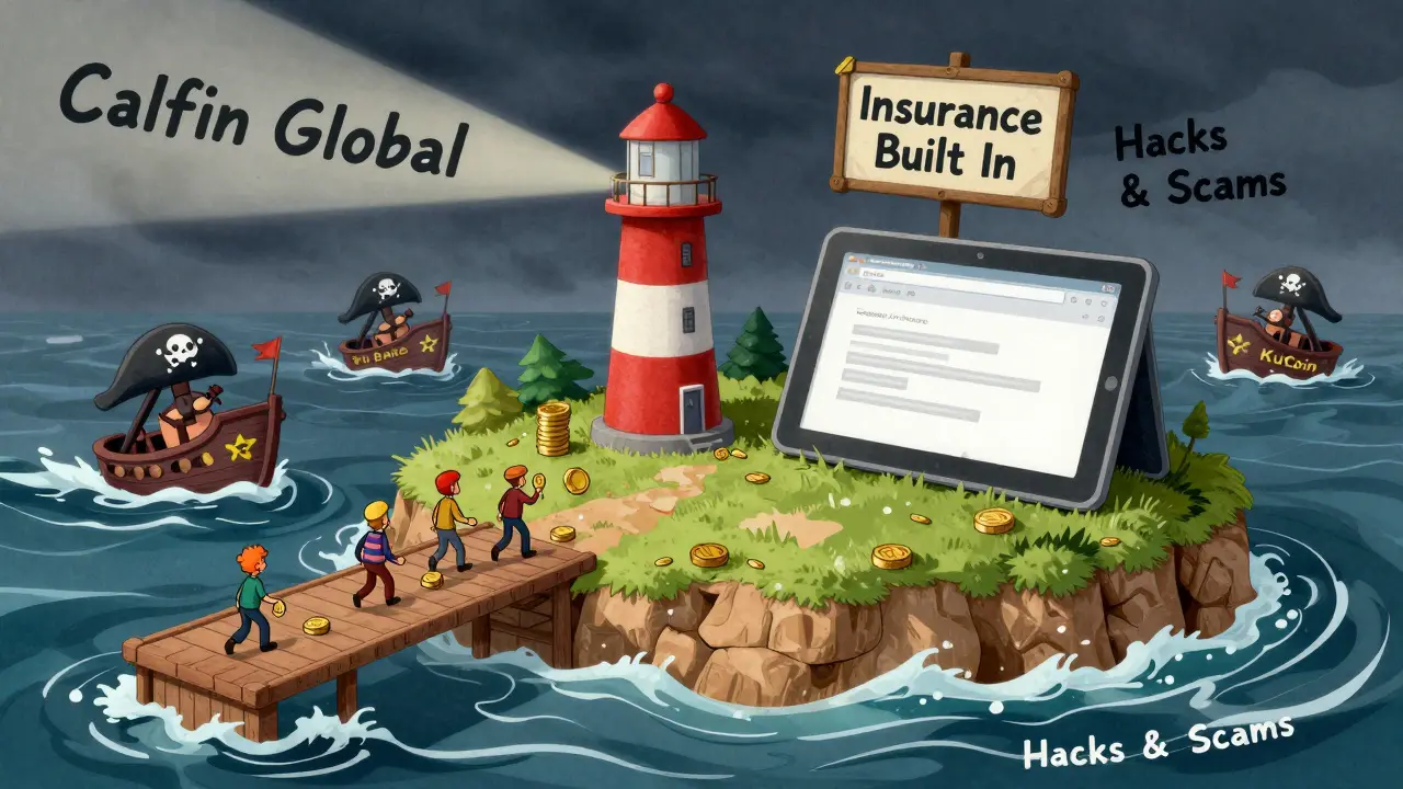 A peaceful island labeled 'Calfin Global' shines with a lighthouse beam over stormy seas of hacks, in Fleischer Studios animation style.