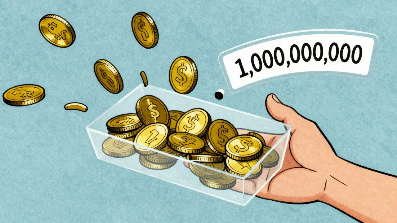 A renounced smart contract with free-flowing coins and a fixed supply counter, no hands touching it.