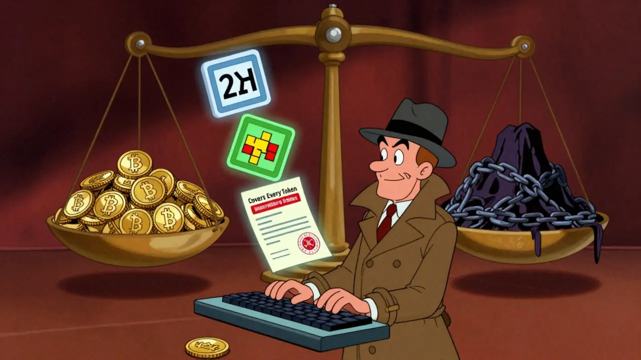 A trader watches floating security icons above a keyboard as scales balance crypto against hacker chains in vintage cartoon style.