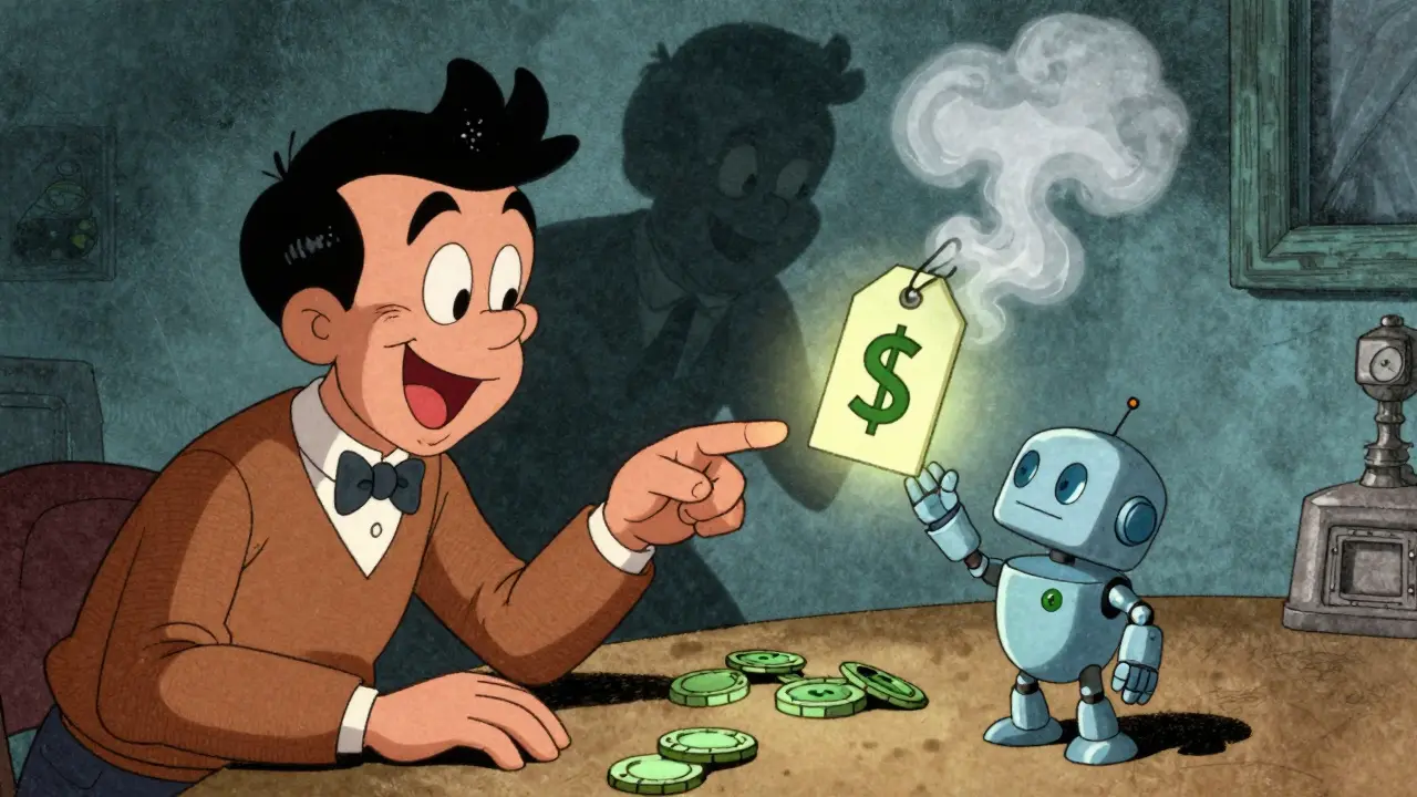 A zero-fee Nano transaction with a robot high-fiving a node, while a hidden fee fades away.