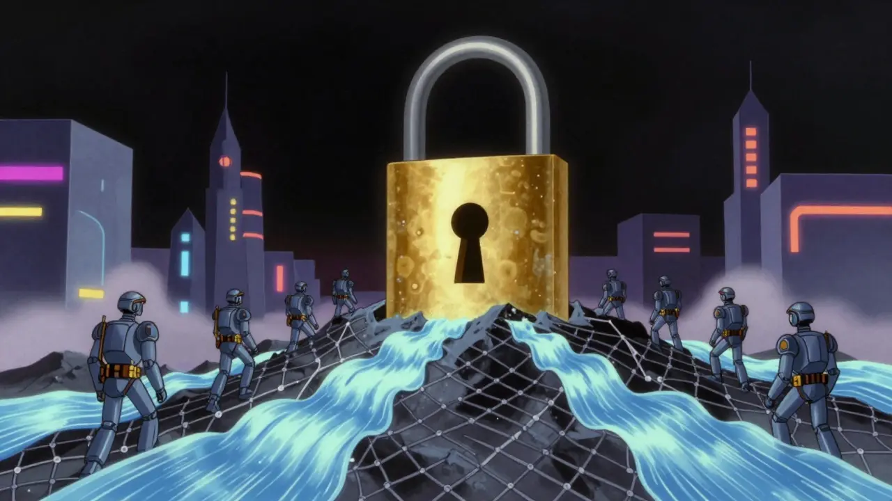 Animated security lock guarding flowing data streams.