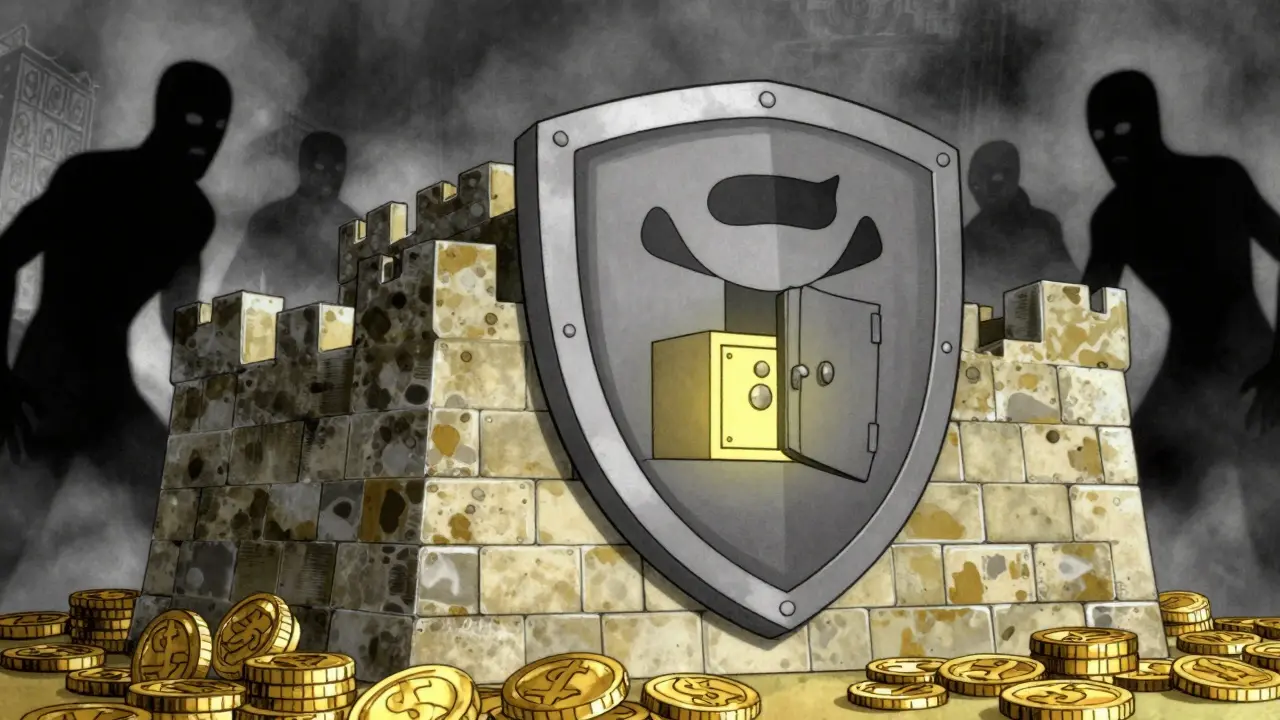 Animated shield protecting coins from shadowy threats.