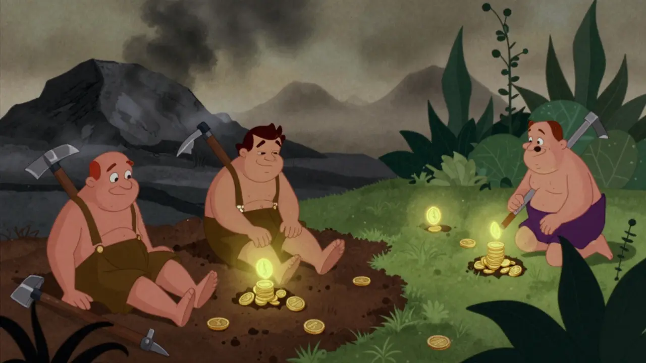 Animation contrasting heavy mining with coin staking.