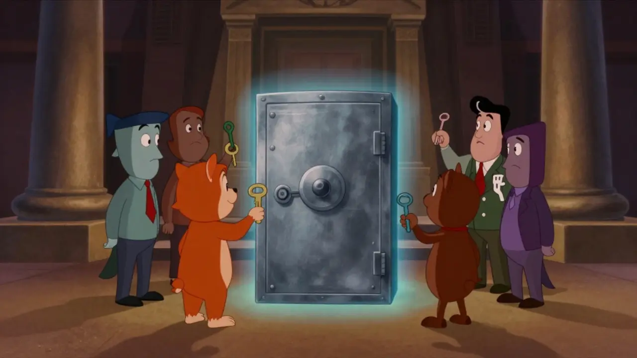 Cartoon characters holding keys around secure box